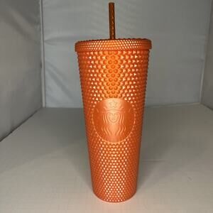 NEW Starbucks Tumbler - Orange Diamond Studded Plastic Cold Cup - Venti 24 oz